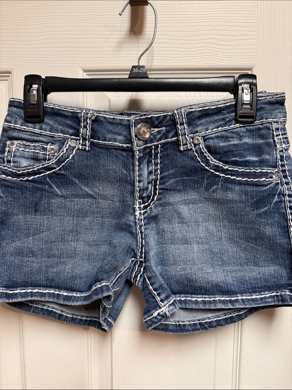 Women’s Washed Blue Denim Jean Shorts with White Contrast Stitching